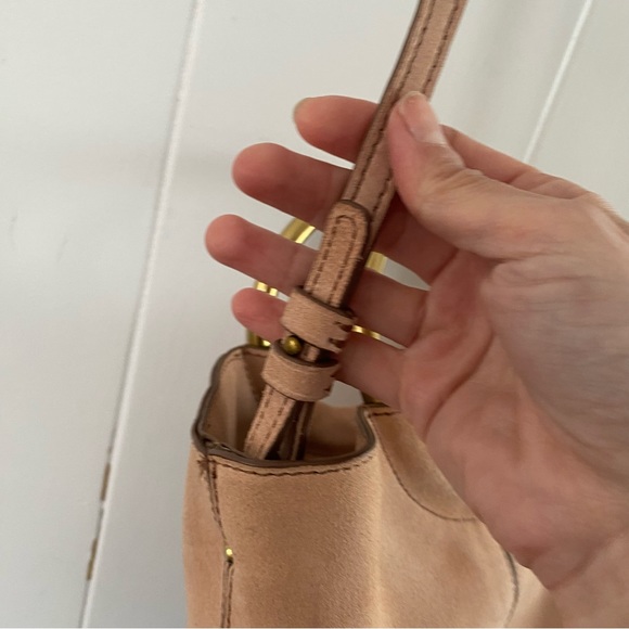 J Crew Blush Pink Suede Bracelet Bucket Crossbody Gold Italian Leather Frankie - Picture 7 of 16